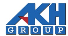 AKH GROUP logo with blue text and red arrow on white background